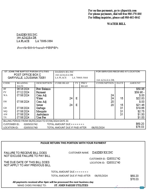 USA Louisiana St. John the Baptist Parish water business utility bill in Word and PDF formats